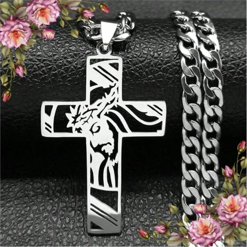 Jesus Cross‎ Necklace For Men Stainless Steel Pendant Necklace